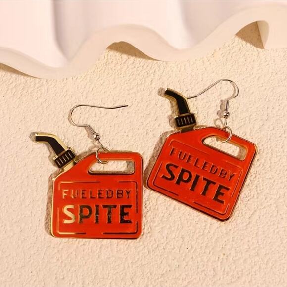 "Fueled by Spite" red & black gas can acrylic earrings - Picture 1 of 3